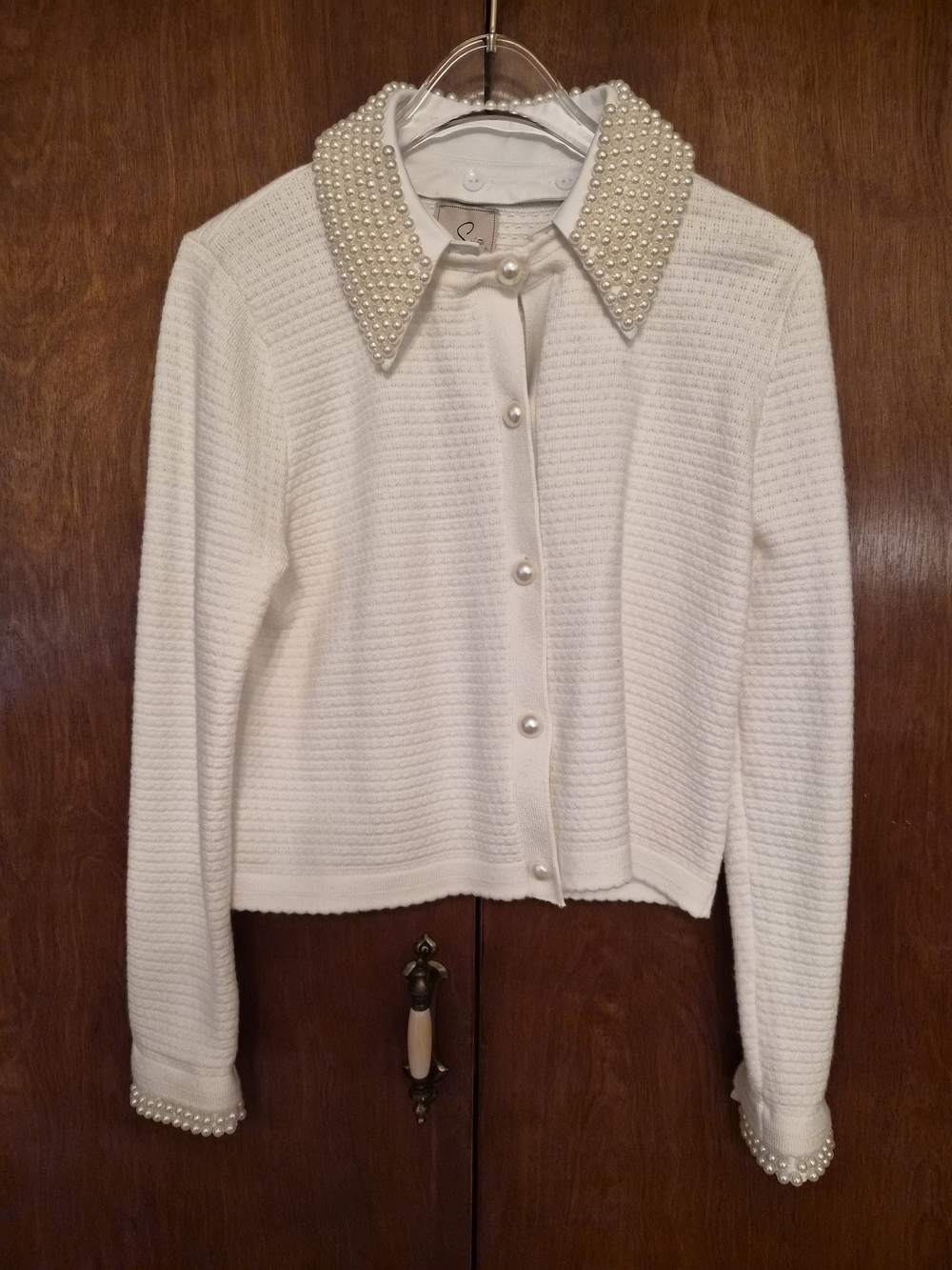 Sioni - Eggshell White- Pearl-Embellished Cardigan- Size M
